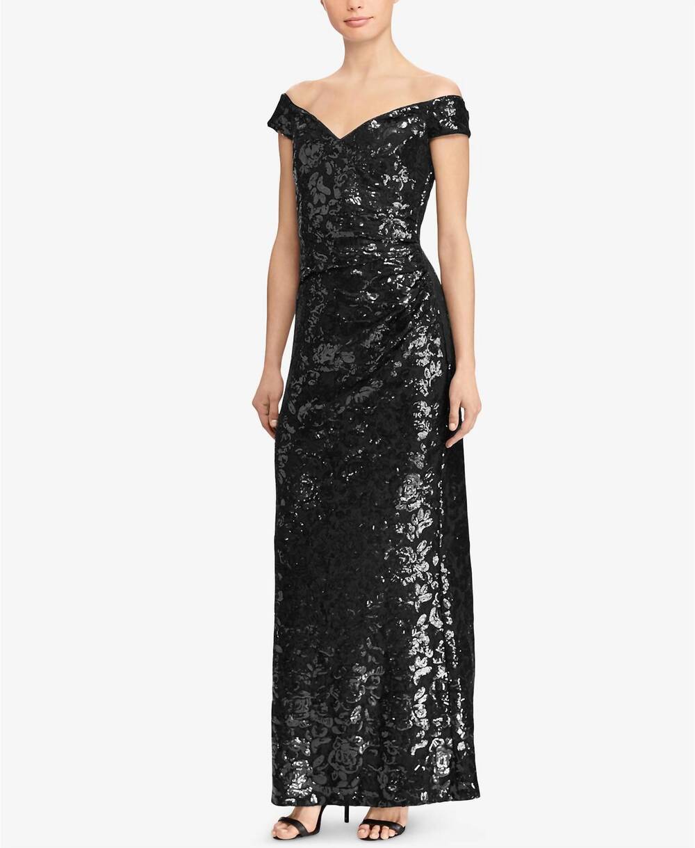 NEW RALPH LAUREN off the shoulder sequin gown in black
